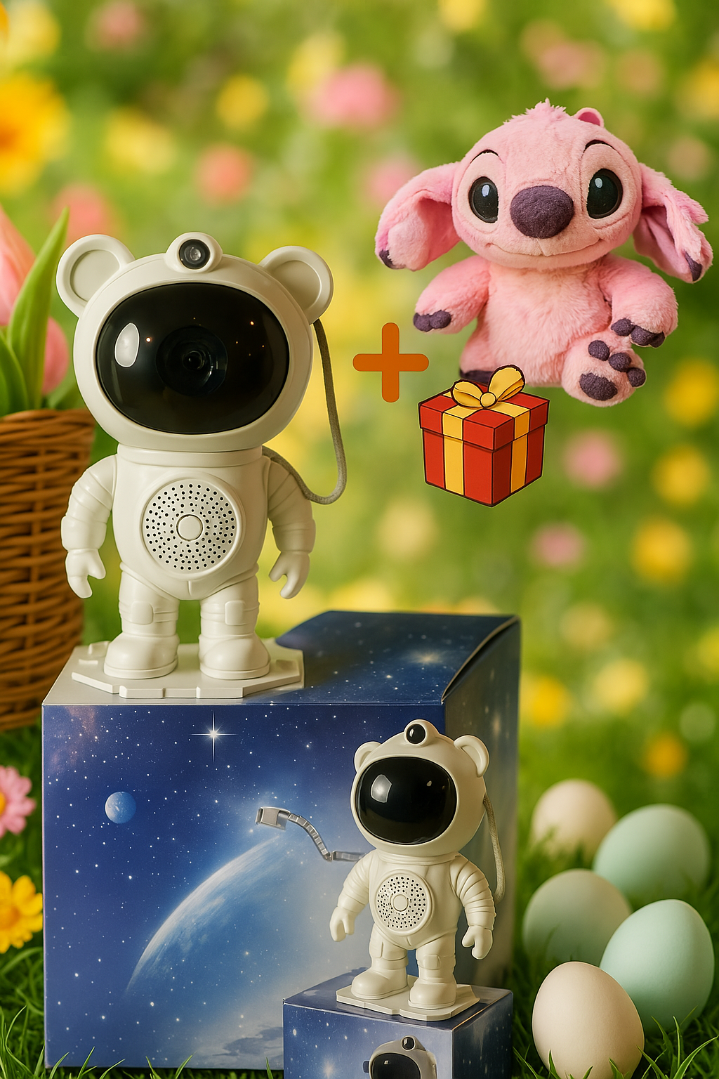 Šviečiantis projektorius - Astronautas su “Bluetooth” garsiakalbiu + dovana kvėpuojantis ir raminančias melodijas grojantis meškutis