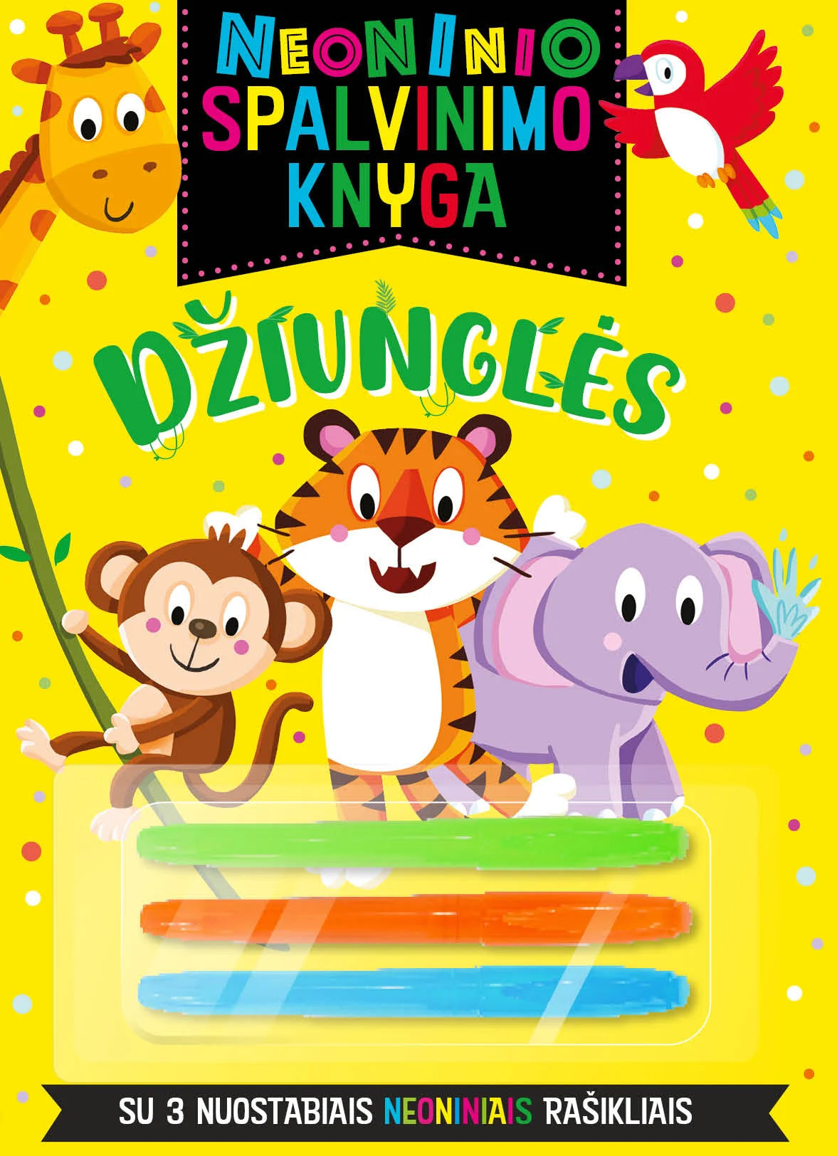 Neoninio spalvinimo knyga. Džiunglės (su 3 nenoniniais rašikliais)
