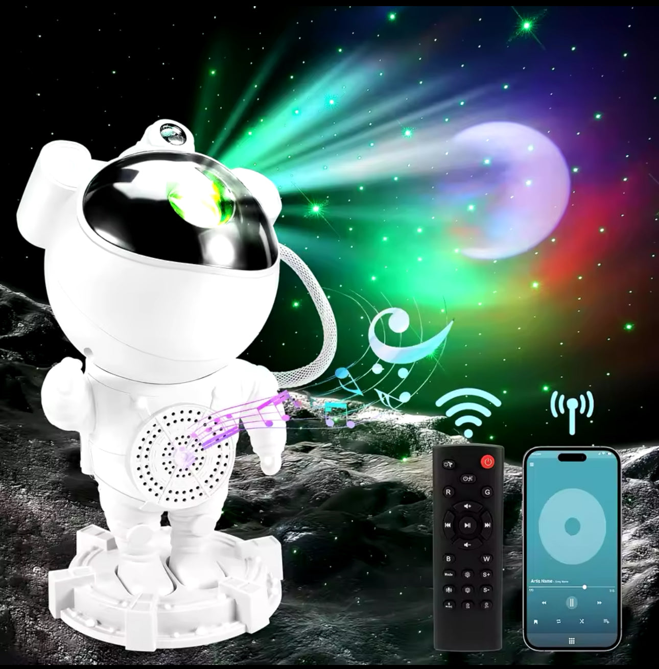Šviečiantis projektorius - Astronautas su “Bluetooth” garsiakalbiu + dovana kvėpuojantis ir raminančias melodijas grojantis meškutis