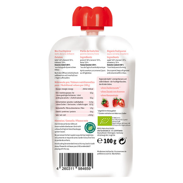 MOGLi ekologiškas vaisių tyrelės pakelis – braškių, obuolių ir bananų