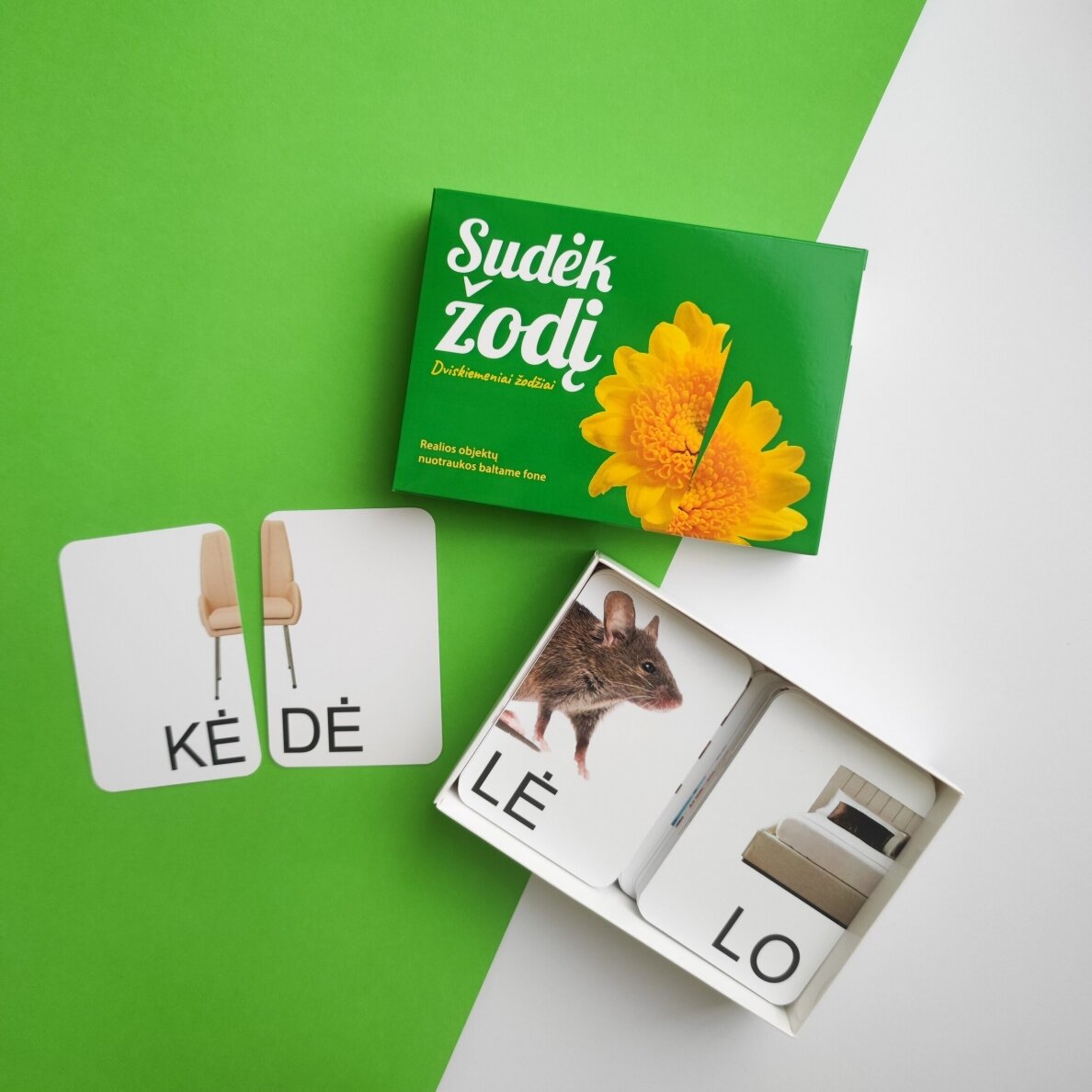 Skaitymo kortelės - Sudėk žodį. Dviskiemeniai žodžiai