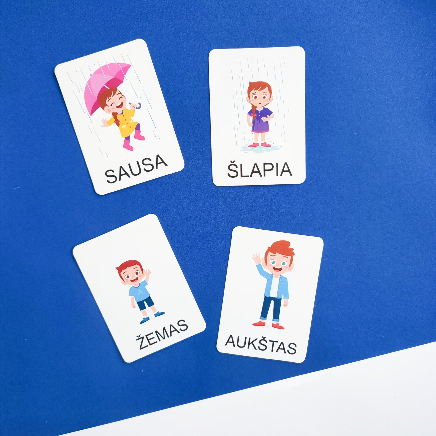 Montessori lavinamosios kortelės „Priešingybės“
