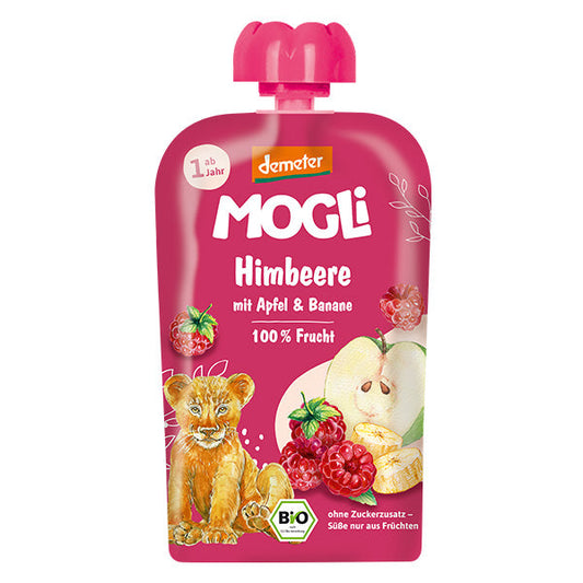 MOGLi ekologiškas vaisių tyrelės pakelis – aviečių, obuolių ir bananų