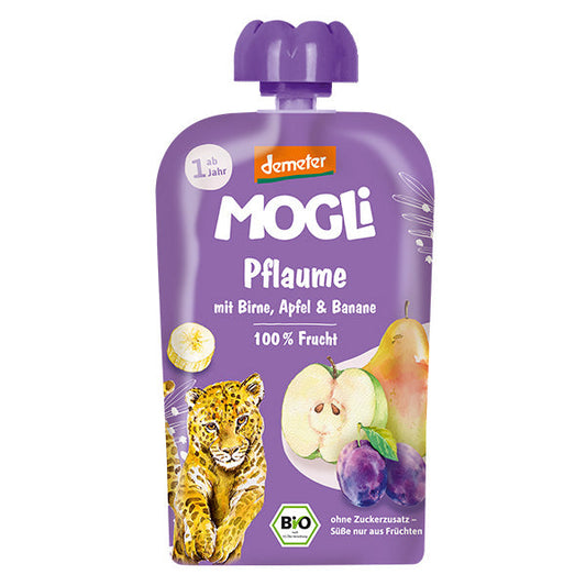 MOGLi ekologiškas vaisių tyrelės pakelis – slyvų, obuolių, bananų ir kriaušių