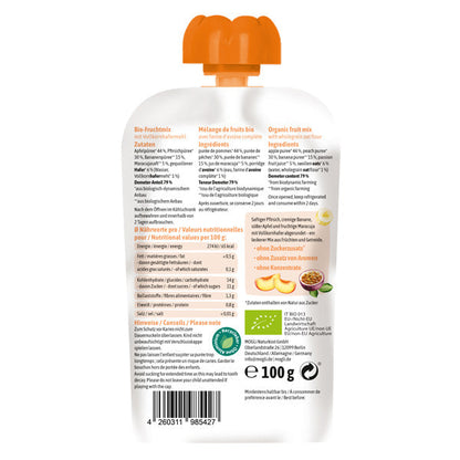 MOGLi ekologiška vaisių tyrelė vaikams su persikais, obuoliais, bananais, pasifloromis ir avižomis, 100 g