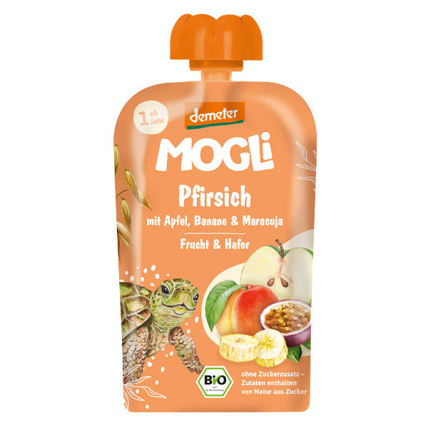 MOGLi ekologiška vaisių tyrelė vaikams su persikais, obuoliais, bananais, pasifloromis ir avižomis, 100 g