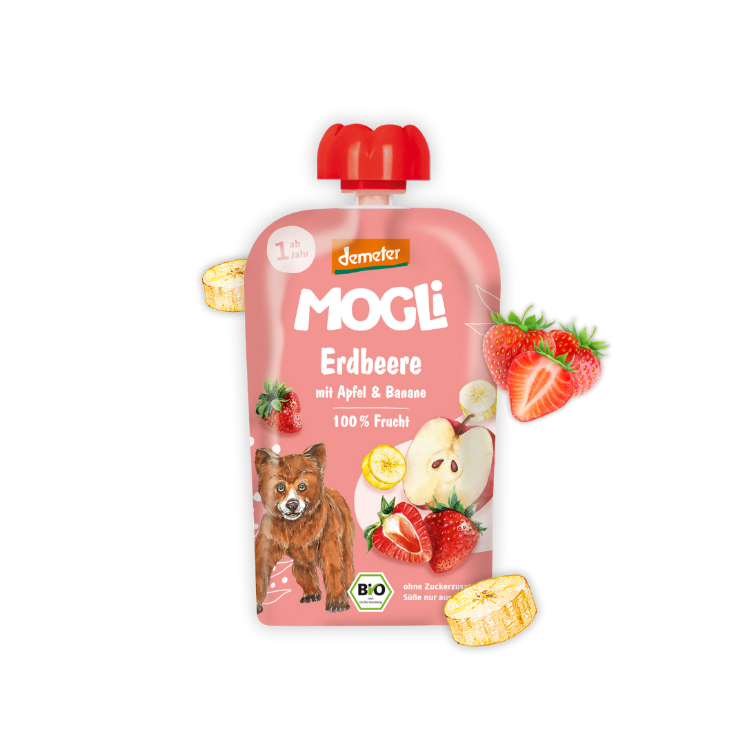 MOGLi ekologiškas vaisių tyrelės pakelis – braškių, obuolių ir bananų