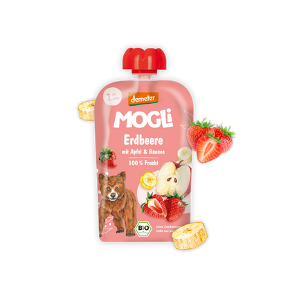 MOGLi ekologiškas vaisių tyrelės pakelis – braškių, obuolių ir bananų