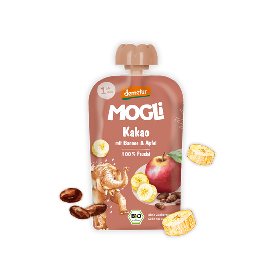 MOGLi ekologiškas vaisių tyrelės pakelis – kakavos, bananų ir obuolių