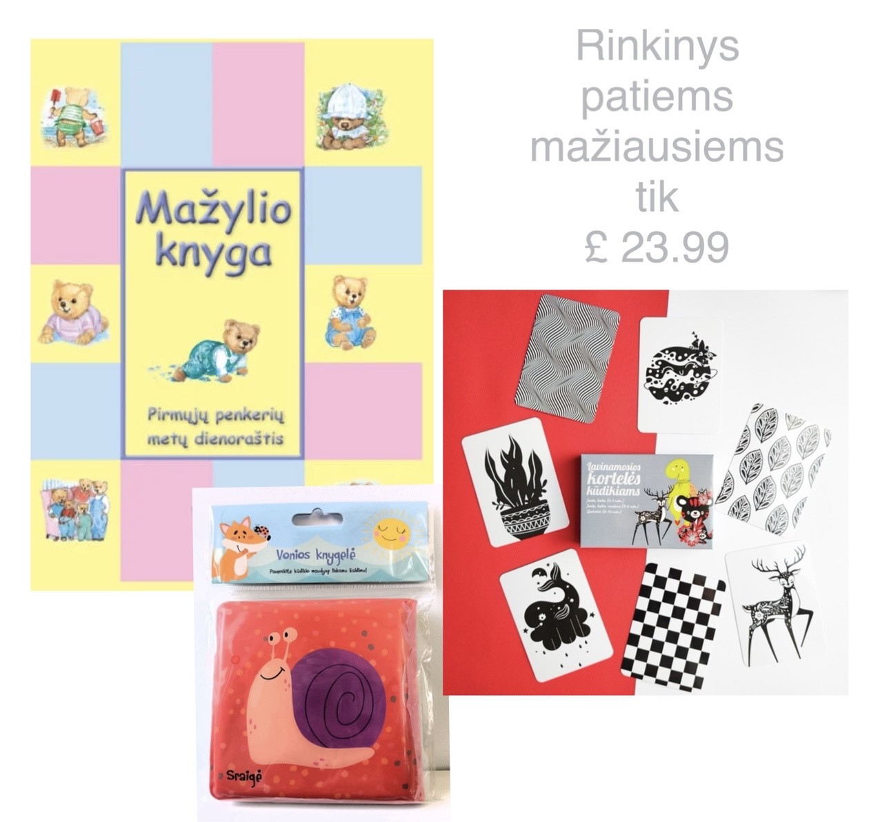 Rinkinys patiems mažiausiems - Mažylio knyga. Pirmųjų penkerių metų dienoraštis, Vonios knyga (su garsu), Lavinamosios kortelės kūdikiams