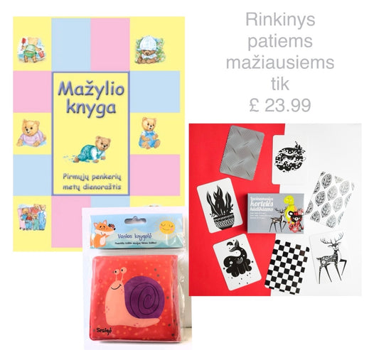 Rinkinys patiems mažiausiems - Mažylio knyga. Pirmųjų penkerių metų dienoraštis, Vonios knyga (su garsu), Lavinamosios kortelės kūdikiams